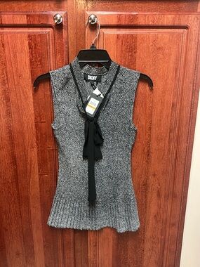 DKNY Black & White Tie-Neck Ribbed Sleeveless Camisole